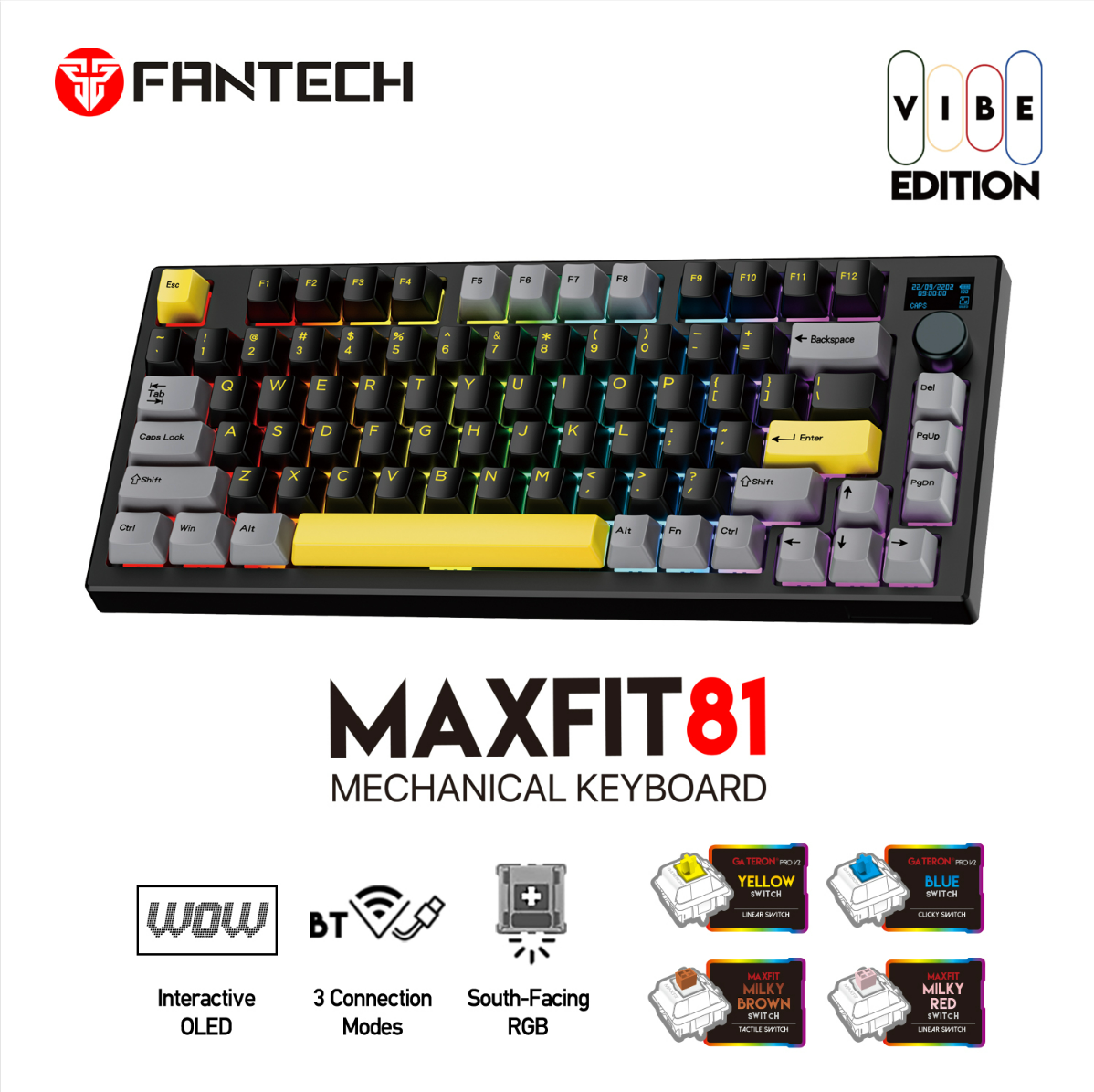 A large marketing image providing additional information about the product Fantech MAXFIT81 Wireless Hot-Swappable RGB Mechanical Bluetooth Keyboard (Vibrant Utility - Yellow Switch) - Additional alt info not provided